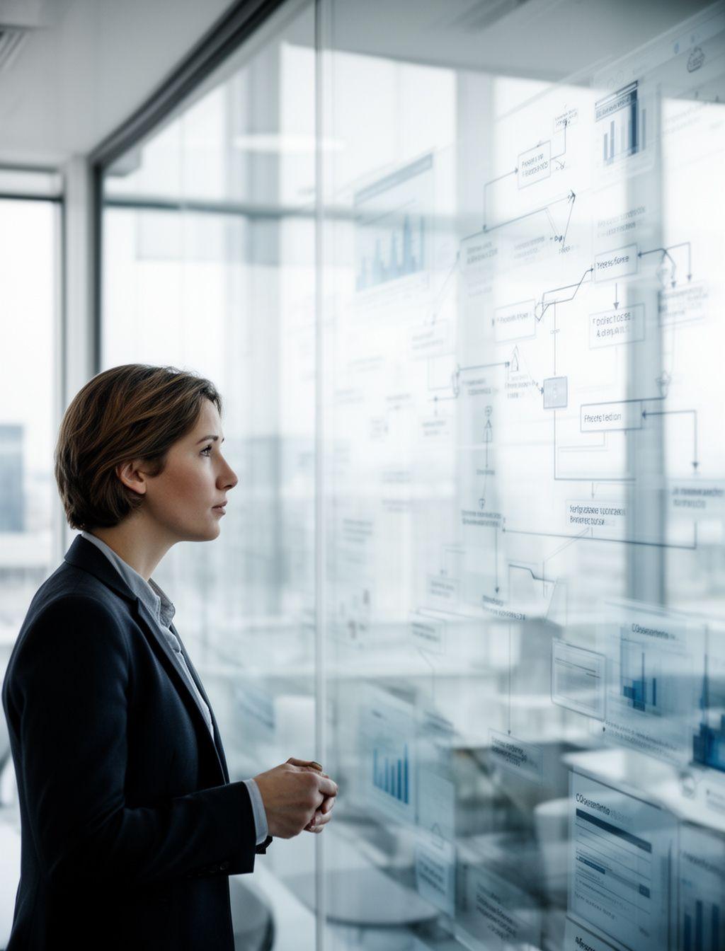 Consultant reviewing complex organizational workflow on multiple screens