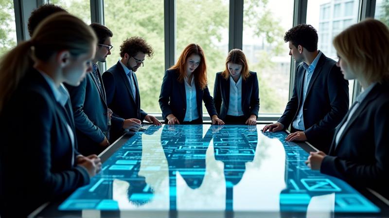 Diverse team of resource analysts collaborating in a bright, modern glass office