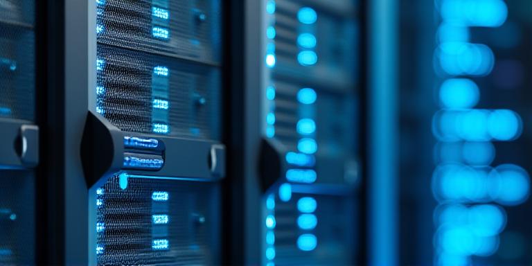 Close up of high-tech server and code interface