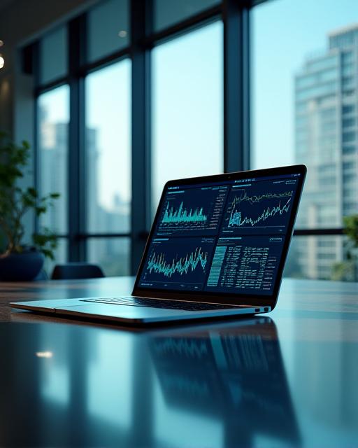 Modern executive workspace with high-tech dashboard visual