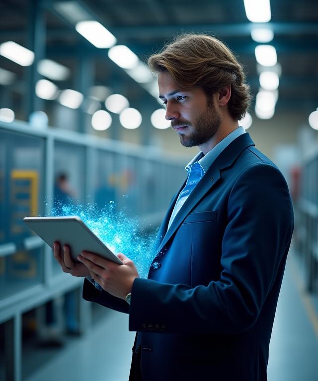 Technician reviewing AI schedule on factory floor